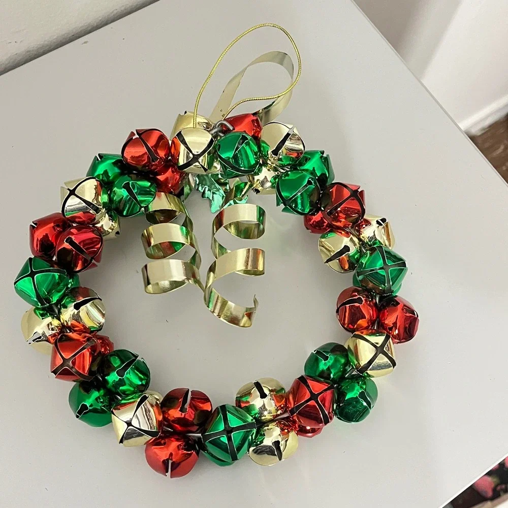 Vintage  Jingle Bell Wreath Home Decor OS Red Green Gold Holiday Holly Bow